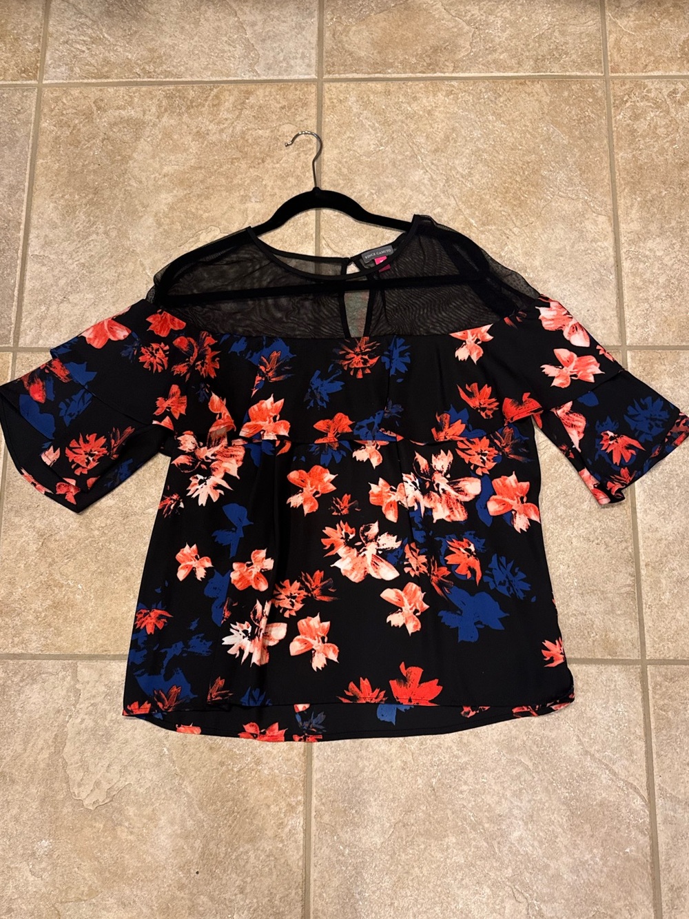 Vince Camuto Black Floral Cold-Shoulder Top with Mesh Yoke
